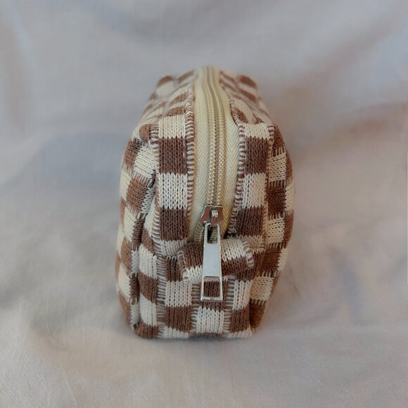 Brand New Small Brown and Cream Checkered Fabric Pouch - Picture 2 of 6